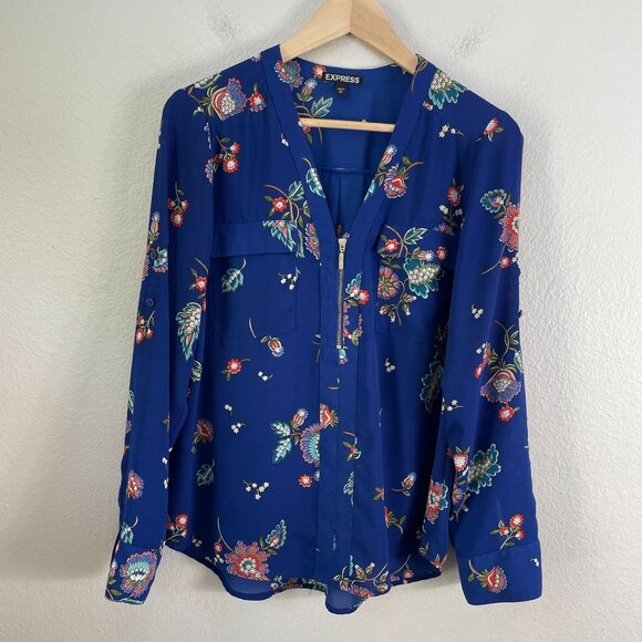 Express Womens Medium Floral Blouse Roll Tab Sleeve Button Up Collarless Shirt - Picture 1 of 7